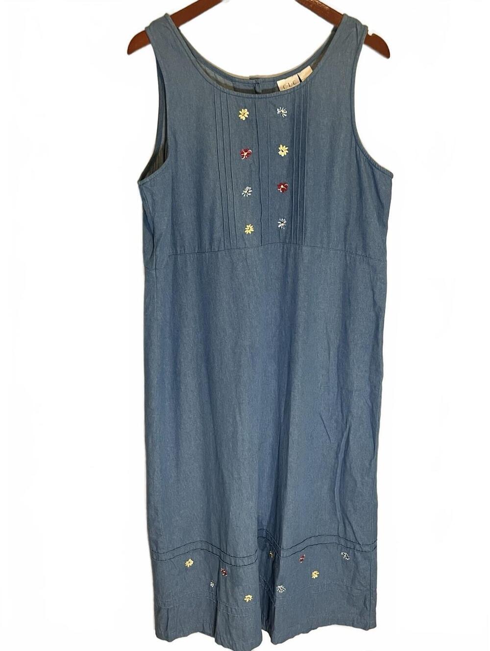 CLC Maxi Dress Women L Blue Denim Embroidered Flower 90s Cottage Core Teacher